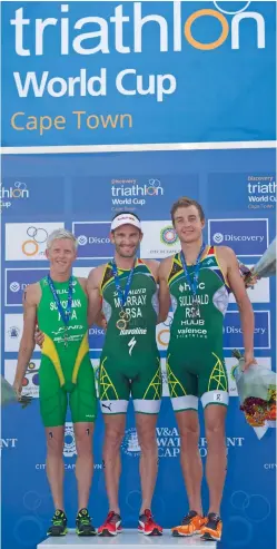  ?? BACKPAGEPI­X ?? PODIUM LOCKOUT: Henri Schoeman, left, Richard Murray, centre and Wian Sullwald, right, finished first, second and third in Saturday’s Cape Town ITU Triathlon World Cup.