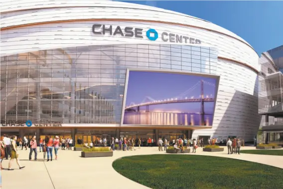  ?? Golden State Warriors ?? The Warriors have won city approval for a giant video screen outside their new arena, seen in a rendering, which is under constructi­on at Mission Bay.