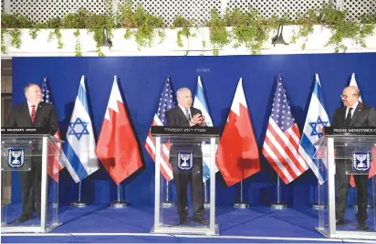  ?? ( Amos Ben Gershom/ GPO) ?? US SECRETARY of State Mike Pompeo ( left), Prime Minister Benjamin Netanyahu and Bahraini Foreign Minister Abdullatif bin Rashid Al Zayani at a trilateral meeting in Jerusalem yesterday.