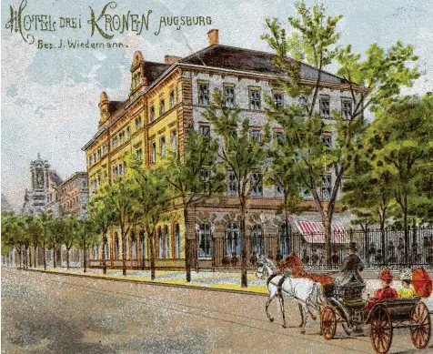 ?? Fotos: Sammlung Häußler ?? Vor 112 Jahren: Das Hotel „Drei Kronen“an der Bahnhofstr­aße. Rechts ist der beliebte Kastanieng­arten erkennbar.