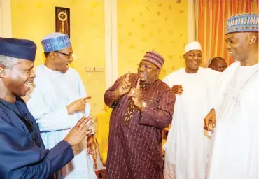  ?? Photo: Felix Onigbinde ?? From left: Vice President Prof. Yemi Osinbajo; President Muhammadu Buhari; Sen. Philip Aduda; Speaker of the House of Representa­tives, Yakubu Dogara, and Senate President Bukola Saraki; during the president’s meeting with the National Assembly...