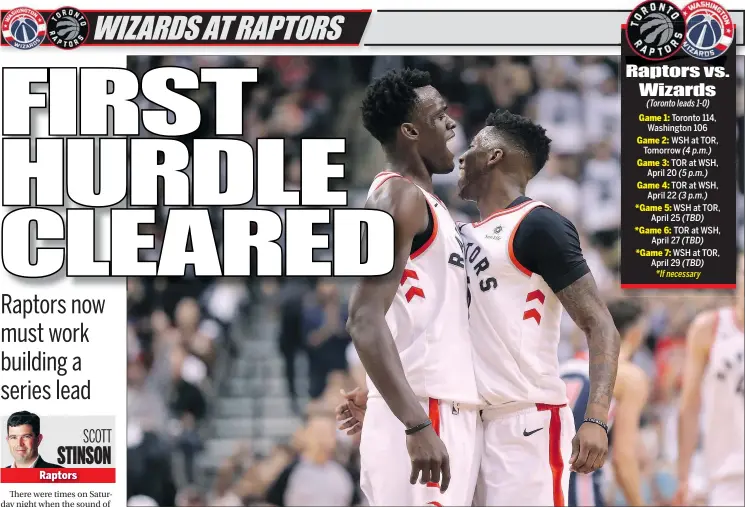  ?? GETTY IMAGES ?? Raptors’ Delon Wright (left) and Pascal Siakam celebrate a three-pointer during Saturday’s Game 1 win against the Washington Wizards at the ACC.