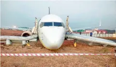 ??  ?? The damaged Jet Airways plane, 9W 2374 from Goa to Mumbai, after it skidded off the Goa airport runway while aligning for take-off, on Tuesday.