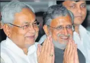  ?? AP DUBE/HT ?? Bihar chief minister Nitish Kumar with deputy CM Sushil Modi at the oath ceremony of ministers at Raj Bhawan.