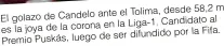  ?? ?? 58,2 m ante el Tolima, desde El golazo de Candelo al en la Liga-1. Candidato es la joya de la corona
Fifa. de ser difundido p or la Premio Puskás, lue go