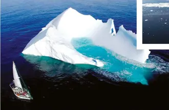  ?? ?? Above: icebergs large and small are an ever present threat when sailing at high latitudes. Right: sailing with a chicken is not as daft as it seems – the hen often produced fresh eggs