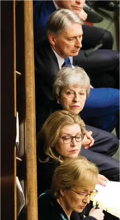  ?? UK PARLIAMENT / MARK DUFFY / VIA THE ASSOCIATED PRESS ?? Britain’s Prime Minister Theresa May and her cabinet members listen during Prime Minister’s Questions in the House of Commons.