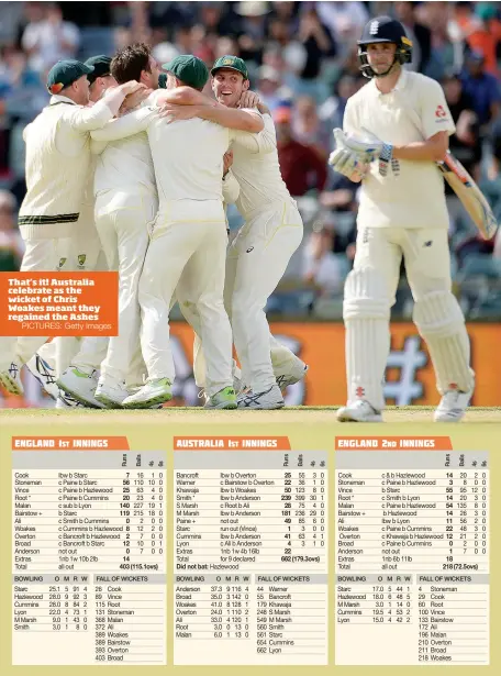  ?? PICTURES: Getty Images ?? That’s it! Australia celebrate as the wicket of Chris Woakes meant they regained the Ashes