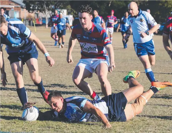  ?? Pictures: GLENN HAMPSON ?? Hogs player Tyron Heather Jones scrambles for the ball on the line. While Brad Plant (from left) celebrates with Pirates teammates after what they thought was the winning try; the referee gets serious; Tom Sly leads the chase for Hogs; and Hogs players...