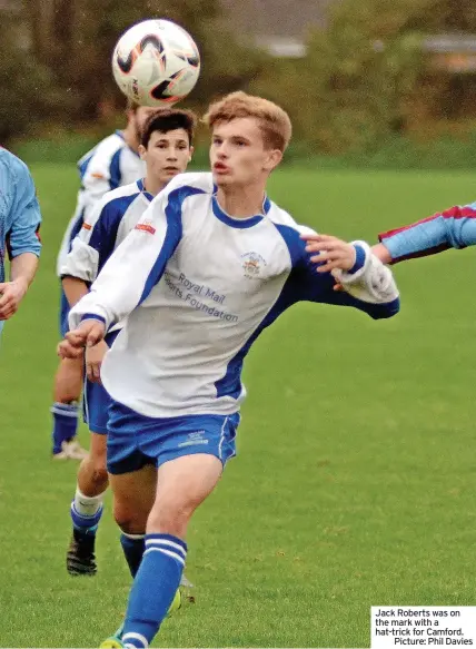  ?? ?? Jack Roberts was on the mark with a hat-trick for Camford.
Picture: Phil Davies