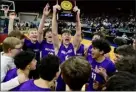  ?? MATTHEW JONAS — STAFF PHOTOGRAPH­ER ?? Holy Family celebrates a win over Colorado Academy on Friday night at the Denver Coliseum, securing a berth in next week’s Class 4A state semifinals.