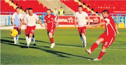  ??  ?? Easy does it Peter slots home a penalty against Brechin last season