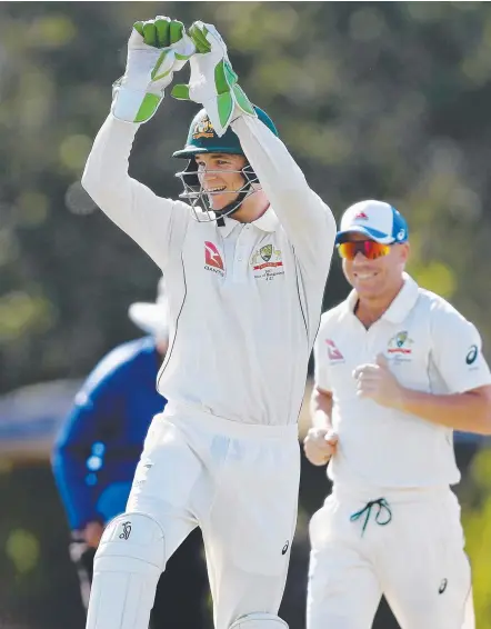  ?? Picture: GETTY IMAGES ?? Peter Handscomb reacts after the dismissal of Matthew Renshaw in an inter-squad match in Darwin.