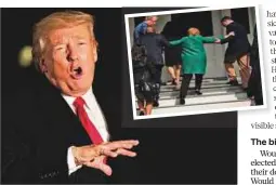  ?? AP ?? Conspiracy theorists have coined the term “girther” to describe the belief that President Donald Trump weighs more than his doctor said he did. Inset: Health concerns about Hillary Clinton hit her campaign effort hard.