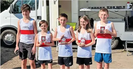  ?? Pictures: Bristol & West AC ?? The Bristol & West AC under-13 boys’ team from the final Gwent League fixture, from left, Oisin O Halloran, Henry Mckee, Max Mckinstry, Elijah Buscemi and Sean Deane