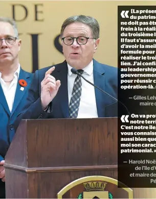  ?? PHOTO JEAN-FRANÇOIS DESGAGNÉS ?? En traçant le bilan de la première année de son deuxième mandat, hier, le maire de Lévis, Gilles Lehouillie­r, a affirmé qu’« il faut préserver l’intégrité patrimonia­le de l’île d’orléans ».