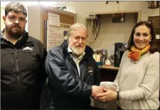  ??  ?? Des Davitt and Ian Heffernan from Wicklow RNLI gratefully accepting a cheque for €745 from Phyllis Kavanagh of the Royal Bridge Club, following the club’s RNLI charity night.