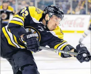 ?? AP PHOTO ?? In this March 1, 2018 file photo, Boston Bruins’ Brad Marchand shoots the puck in the second period of an NHL hockey game against the Pittsburgh Penguins in Boston.