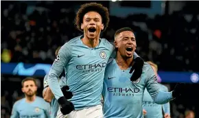  ?? GETTY IMAGES ?? Manchester City winger Leroy Sane celebrates his first goal against Hoffenheim with Gabriel Jesus, while, at right, Gareth Bale looks despondent after Real Madrid’s 3-0 loss to CSKA Moscow.