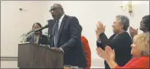  ?? STAFF PHOTO BY CHARLIE WRIGHT ?? NAACP Hall of Fame Committee member Matt Nolan Wills, the architect behind the inclusion of black law enforcemen­t pioneers in Saturday’s event, addresses the audience near the end of the program.