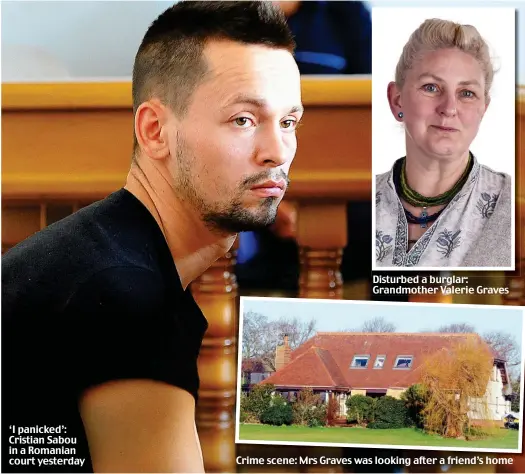  ??  ?? ‘I panicked’: Cristian Sabou in a Romanian court yesterday Disturbed a burglar: Grandmothe­r Valerie Graves Crime scene: Mrs Graves was looking after a friend’s home