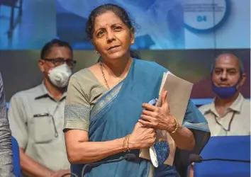  ?? PTI ?? Indian Finance Minister Nirmala Sitharaman leaves after announcing the fifth and final tranche
■ of economic stimulus package, in New Delhi yesterday.