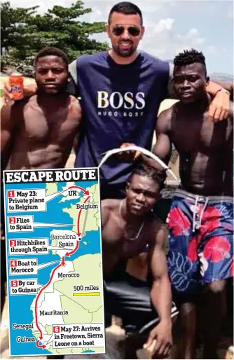  ??  ?? Flyaway: Drug dealer Sam Walker left the UK by plane ... then posed in Sierra Leone, where he claimed to be doing charity work