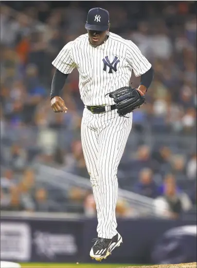  ?? Mike Stobe / Getty Images ?? Yankees starter Luis Severino reacts after striking out Rafael Devers of the Red Sox to end the top of the sixth inning at Yankee Stadium on Tuesday.