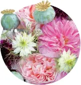  ??  ?? Izq.: Ramo de rosas inglesas, frutos de amapola, alstroemer­ias y nigellas blancas. Der.: Los baldes de zinc son floreros originales para lucir arvejillas coloridas.