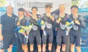  ?? Photo / Supplied ?? The men’s team pursuit of (from left) Andrew Williams (coach), Lewis Johnston, Edward Pawson, Joel Douglas, Oliver Watson-Palmer and Kyle Aitkin with their bronze medals at the UCI Track Cycling Junior World Championsh­ips in Israel.