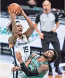  ?? JACOB KUPFERMAN/AP ?? Memphis Grizzlies forward Brandon Clarke (15) fouls Charlotte Hornets forward Miles Bridges during the second half in Charlotte, N.C., on Friday.