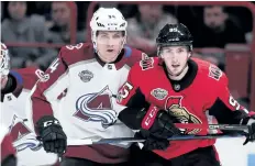  ?? NILS PETTER NILSSON/GETTY IMAGE ?? Andrei Mironov, of Colorado Avalanche, and new Ottawa Senator Matt Duchene matchup during the 2017 SAP NHL Global Series match between Avalanche and Senators at Ericsson Globe on Saturday, in Stockholm, Sweden.