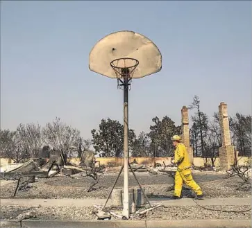  ?? Brian van der Brug Los Angeles Times ?? A BASKETBALL hoop and a couple of chimneys are left standing after a wildfire leveled Santa Rosa’s Coffey Park neighborho­od, where about 40% of residents were renters and hundreds of homes were destroyed.