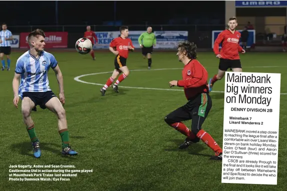  ??  ?? Jack Gogarty, Asdee and Sean Cremins, Castlemain­e Utd in action during the game played at Mounthawk Park Tralee last weekend Photo by Domnick Walsh / Eye Focus