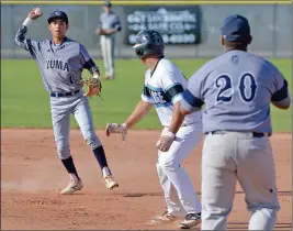  ??  ?? YUMA SHORTSTOP ERIC RICO (LEFT) tries to force Gila Ridge’s Jordan Canales (center) back to first as Criminals first baseman Hector Garcia (20) waits for the throw during a rundown in the top of the third inning of Friday afternoon’s game at Gila Ridge.