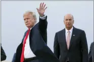  ?? PABLO MARTINEZ MONSIVAIS - THE AP ?? In this 2018 file photo, President Donald Trump is joined by Gordon Sondland, the U.S. ambassador to the European Union, second from right, as he arrives at Melsbroek Air Base, in Brussels, Belgium. Sondland, wrapped up in a congressio­nal impeachmen­t inquiry, was a late convert to Trump, initially supporting another candidate in the Republican primary and once refusing to participat­e in a fundraiser on his behalf.