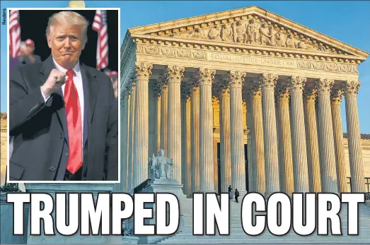  ??  ?? GAVE IT THE OL’ ELECTORAL COLLEGE TRY: President Trump has all but run out of legal options to challenge the Nov. 3 election results after the Supreme Court refused on Friday to hear Texas’ motion to toss out the vote counts in Pennsylvan­ia, Georgia, Michigan and Wisconsin.