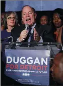  ?? RYAN GARZA/DETROIT FREE PRESS FILE PHOTOGRAPH ?? Mike Duggan speaks to a crowd of supporters after being named the mayor of Detroit on November 5, 2013, at the Marriott Hotel in the Renaissanc­e Center in downtown Detroit.