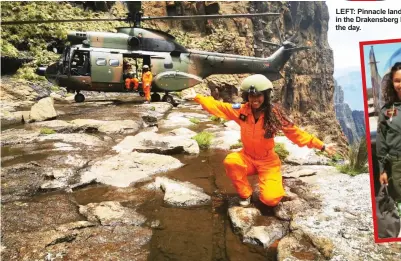  ??  ?? LEFT: Pinnacle landings with the Oryx helicopter in the Drakensber­g Mountains are the order of the day.