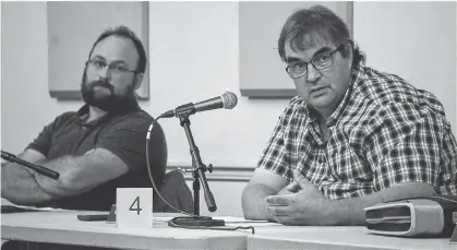  ?? DANIEL BROWN/LOCAL JOURNALISM INITIATIVE REPORTER ?? Three Rivers' Coun. Cody Jenkins, left, and Gerard Holland are shown during a committees meeting at Kings Playhouse in Georgetown on Oct. 26.