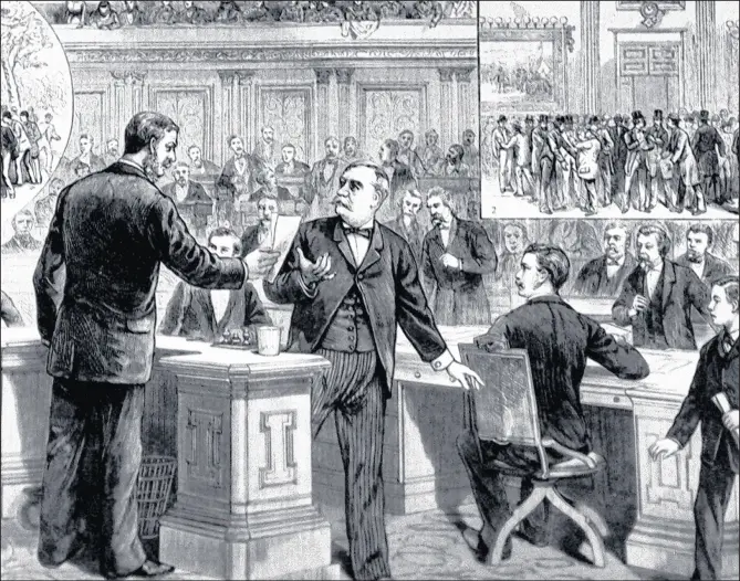  ?? U.S. SENATE HISTORICAL SOCIETY ?? Senators and aides discuss the 1868 impeachmen­t trial of President Andrew Johnson in the main portion of this Senate Historical Society drawing. Johnson, the first president to be impeached, was acquitted by one vote.