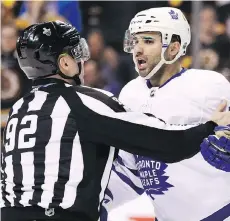  ?? MADDIE MEYER/GETTY IMAGES ?? Toronto’s Nazem Kadri reacts after being called for boarding against the Bruins on Thursday in Boston.