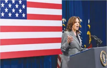  ?? AP PHOTO/MATT KELLEY ?? Vice President Kamala Harris delivers a speech Tuesday at an event in Raleigh, N.C.