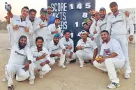  ??  ?? I DIVISION: Mehul Enterprise­s celebrate their two-wicket victory.