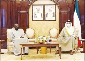  ?? KUNA photo ?? His Highness the Prime Minister Sheikh Sabah Khaled Al-Hamad Al-Sabah received on Wednesday at Bayan Palace the ambassador of Senegal Abdulahad Ambaki on the occasion of ending his tenure.