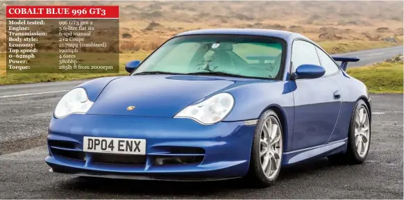  ??  ?? Cobalt Blue – a special order colour – is one of the most striking hues, showing off the GT3’S lines splendidly