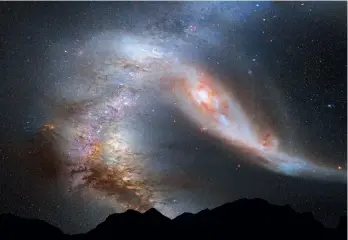  ??  ?? Tähtitiete­ilijät ovat laskeneet, että 4,5 miljardin vuoden päästä Linnunrada­n ja Andromedan galaksit törmäävät. Kolarissa syntyy uusi musta aukko ja sen ympärille kvasaari.