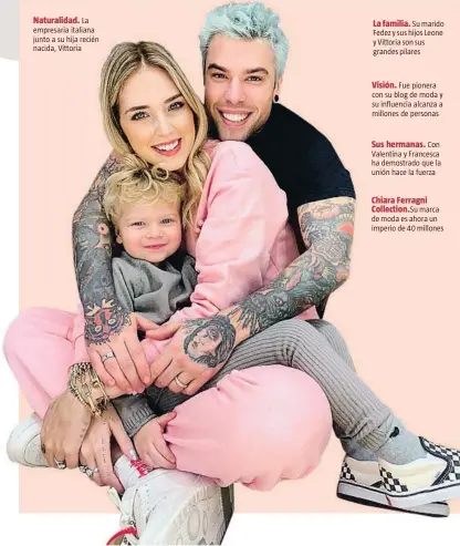  ??  ?? Naturalida­d. La empresaria italiana junto a su hija recién nacida, Vittoria
La familia. Su marido Fedez y sus hijos Leone y Vittoria son sus grandes pilares
Visión. Fue pionera con su blog de moda y su influencia alcanza a millones de personas
Sus hermanas. Con Valentina y Francesca ha demostrado que la unión hace la fuerza
Chiara Ferragni Collection.su marca de moda es ahora un imperio de 40 millones