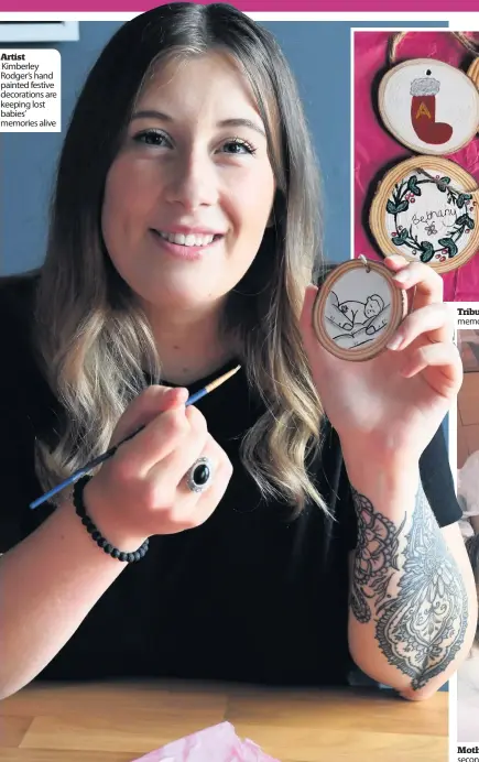  ??  ?? Artist Kimberley Rodger’s hand painted festive decoration­s are keeping lost babies’ memories alive
Tributes Kimberley has received orders from as far away as the USA for her baby memory decoration­s