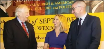  ?? PHOTO BY MARY BROWNE. ?? Former Congressma­n Bruce Morrison, journalist and presenter Caitriona Perry and Larry Donnelly at the 2019 Kennedy Summer School.